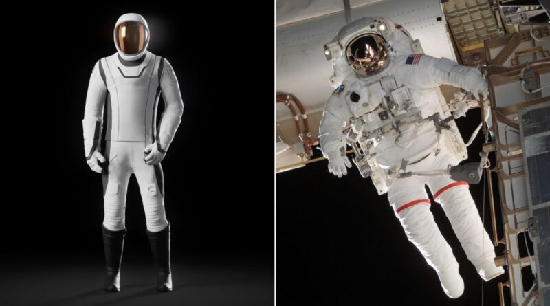 Left: SpaceX EVA spacesuit. Right: Astronauts Rick Mastracchio and the Canadian Space Agency's Dave Williams (retired), both STS-118 mission specialists, participate in the first planned extravehicular activity (EVA) program, as construction continues on the International Space Station on August 11, 2007. .