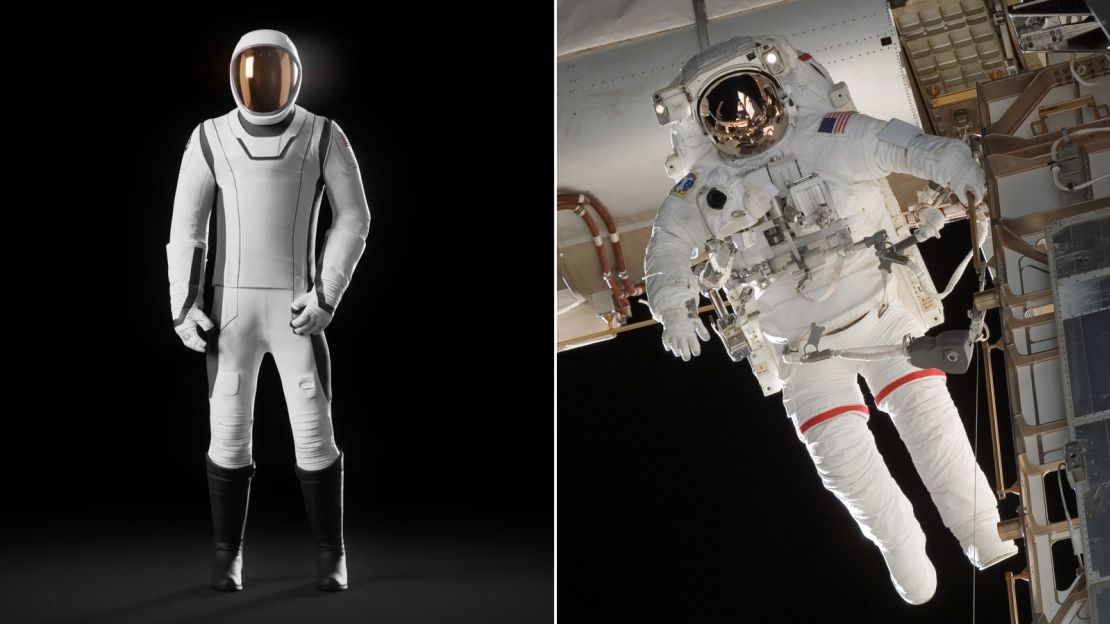 Left: SpaceX EVA spacesuit. Right: Astronauts Rick Mastracchio and the Canadian Space Agency's Dave Williams (retired), both STS-118 mission specialists, participate in the first planned extravehicular activity (EVA) program, as construction continues on the International Space Station on August 11, 2007. .